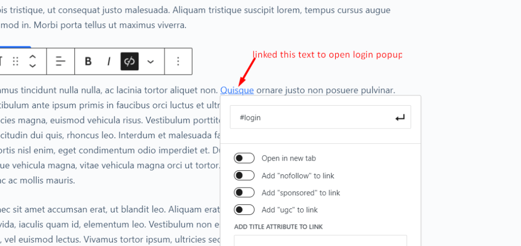 open popup via text linking